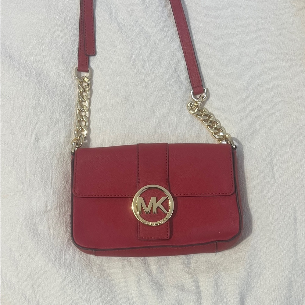 Michael Kors Cherry Red Crossbody Bag with Gold Chain